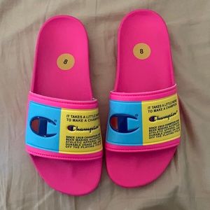 Make me an offer!! Neon pink Champion slides
